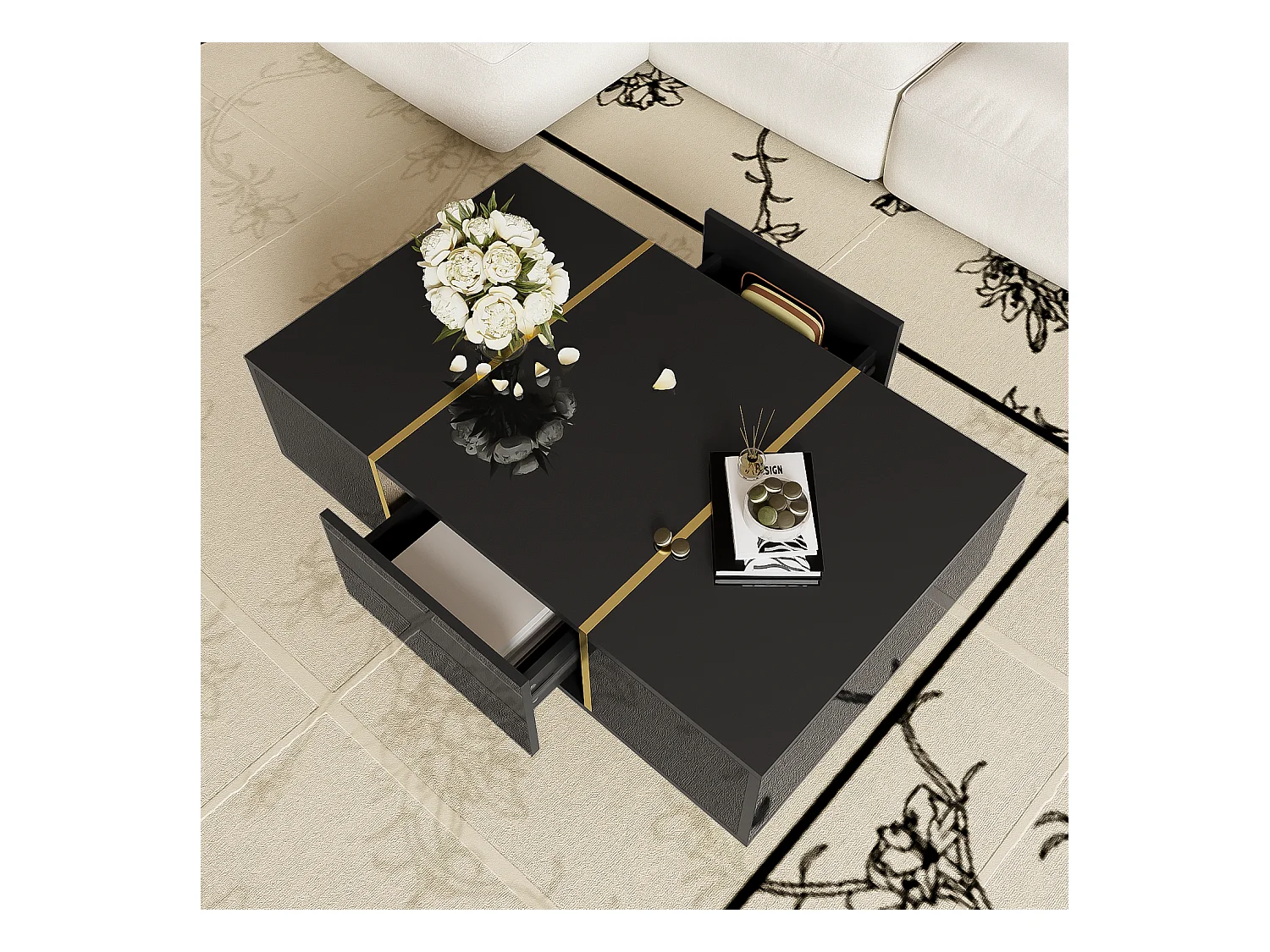 Table Basse Rectangulaire, Table de Salon avec 2 Tiroirs, avec des Lignes Dorées, Noir