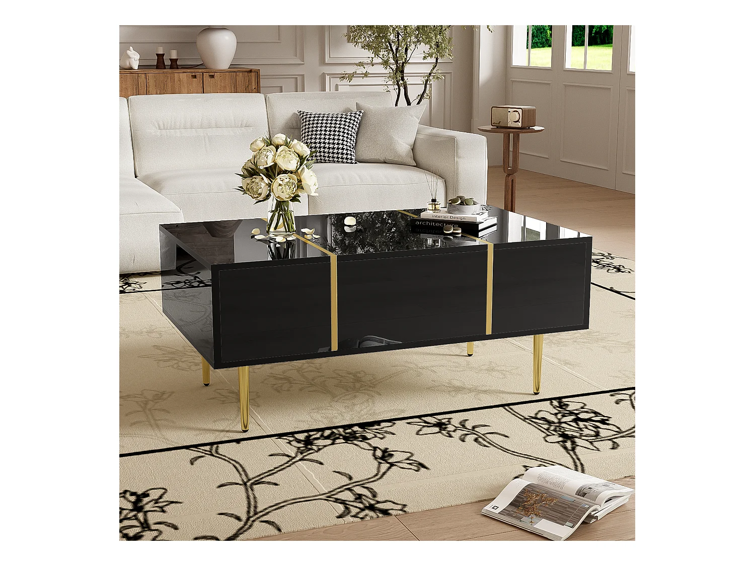 Mesa de centro rectangular, mesa de salón con 2 cajones, con líneas doradas, color negro