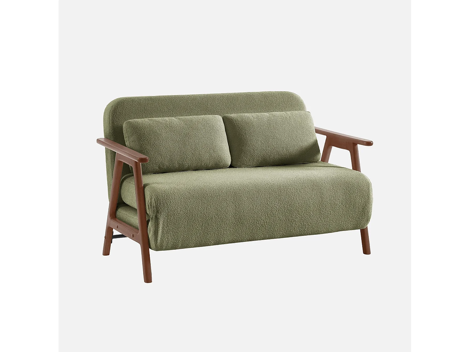 Banquette canapé convertible 2 places bois d'hévéa teinté noyer clair et bouclette texturée kaki L 133 x P 81 x 84cm - Sven