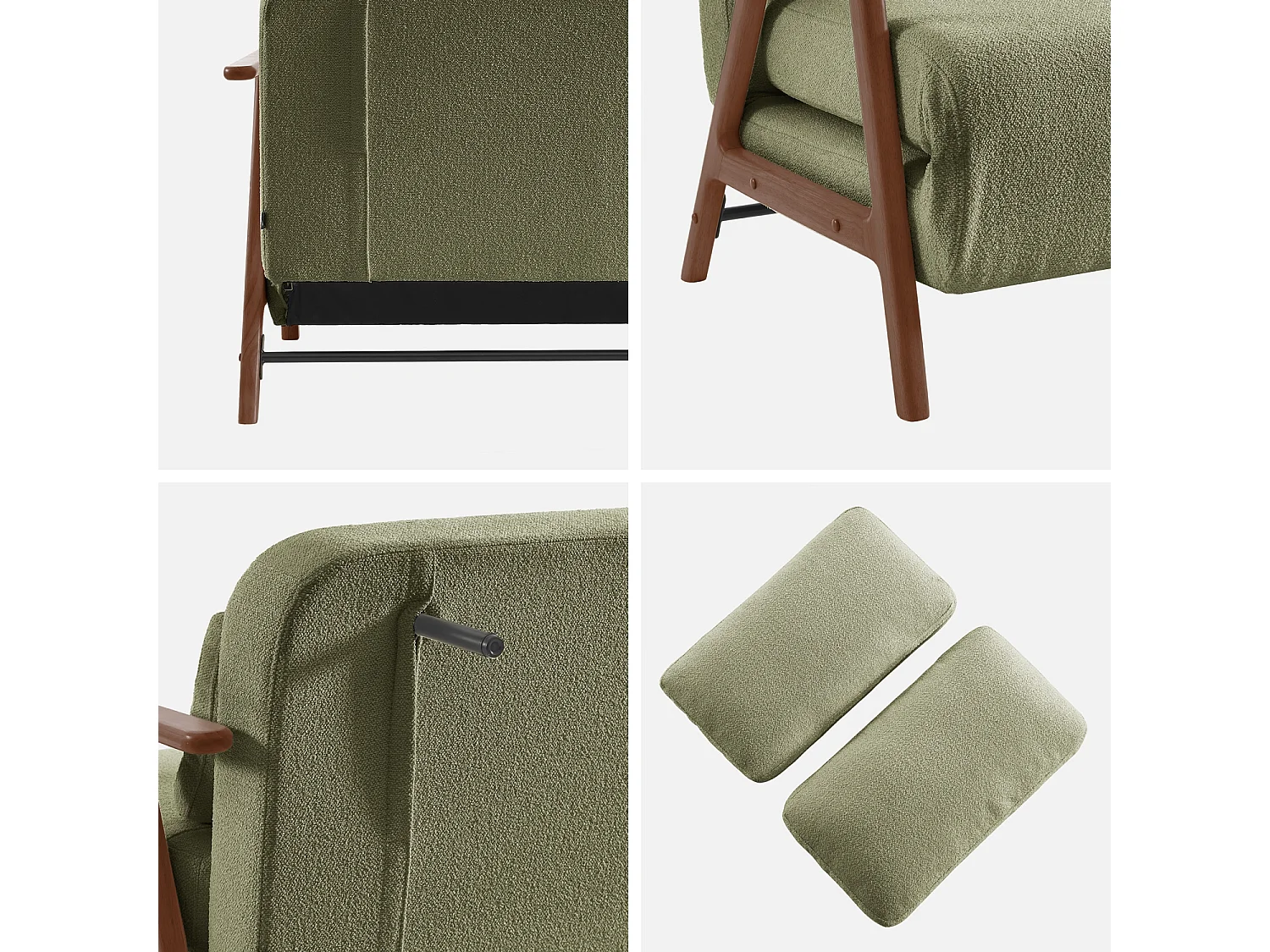 Banquette canapé convertible 2 places bois d'hévéa teinté noyer clair et bouclette texturée kaki L 133 x P 81 x 84cm - Sven