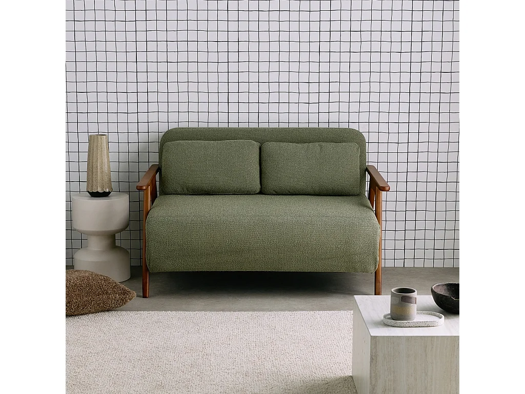 Banquette canapé convertible 2 places bois d'hévéa teinté noyer clair et bouclette texturée kaki L 133 x P 81 x 84cm - Sven