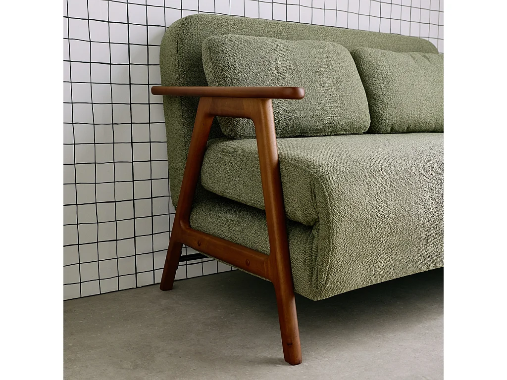 Banquette canapé convertible 2 places bois d'hévéa teinté noyer clair et bouclette texturée kaki L 133 x P 81 x 84cm - Sven