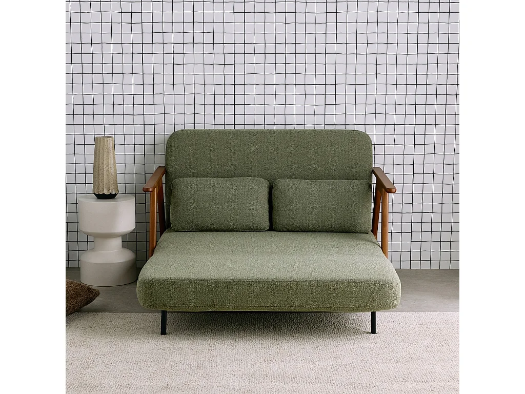 Banquette canapé convertible 2 places bois d'hévéa teinté noyer clair et bouclette texturée kaki L 133 x P 81 x 84cm - Sven