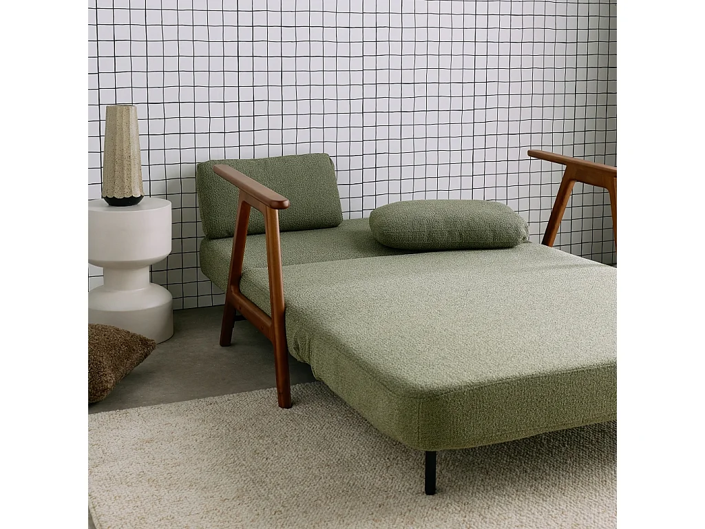 Banquette canapé convertible 2 places bois d'hévéa teinté noyer clair et bouclette texturée kaki L 133 x P 81 x 84cm - Sven