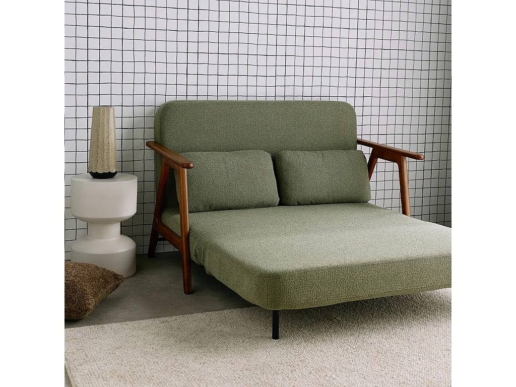 Banquette canapé convertible 2 places bois d'hévéa teinté noyer clair et bouclette texturée kaki L 133 x P 81 x 84cm - Sven