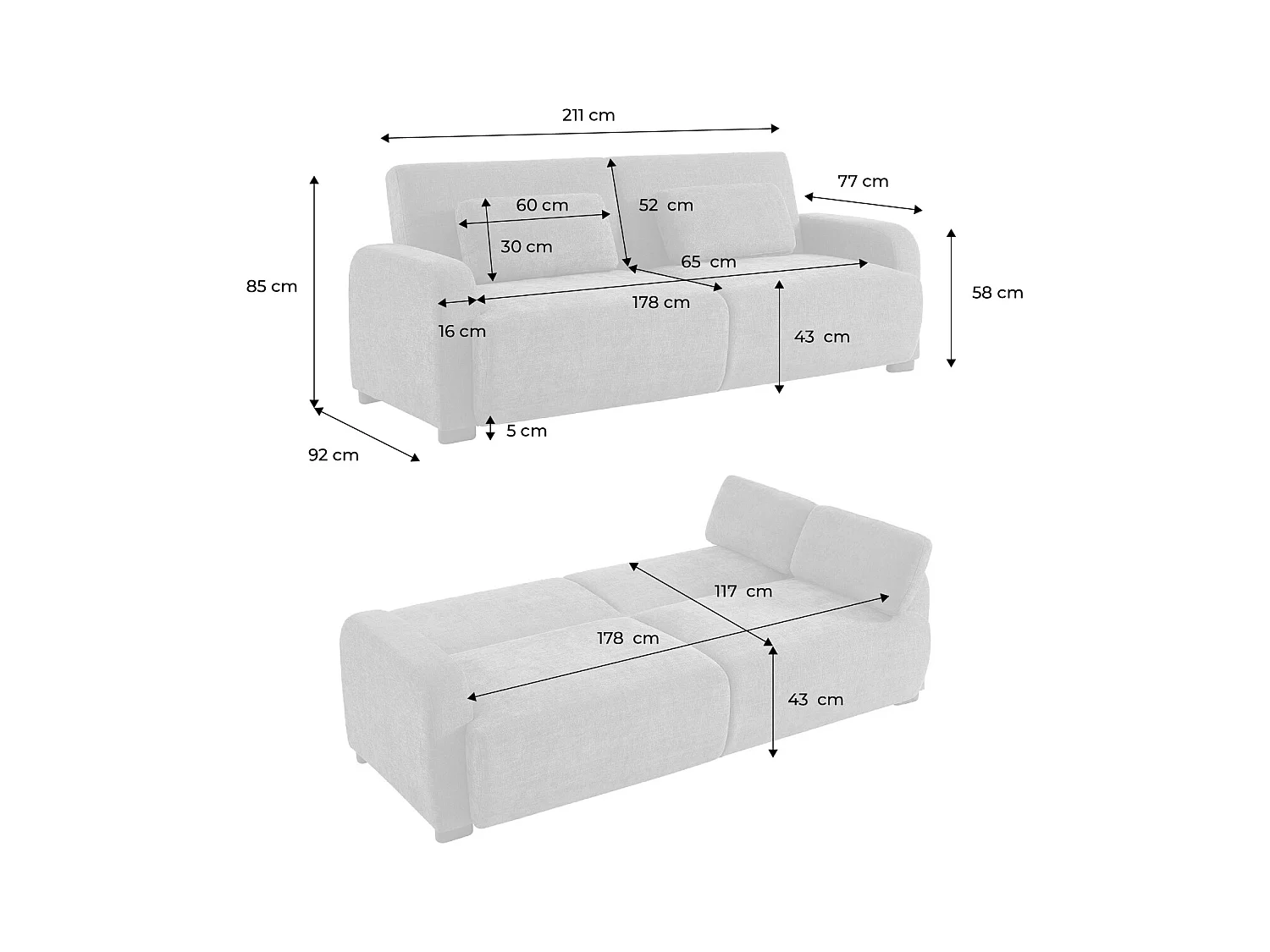 Divano letto 3 posti in tessuto, verde grigio