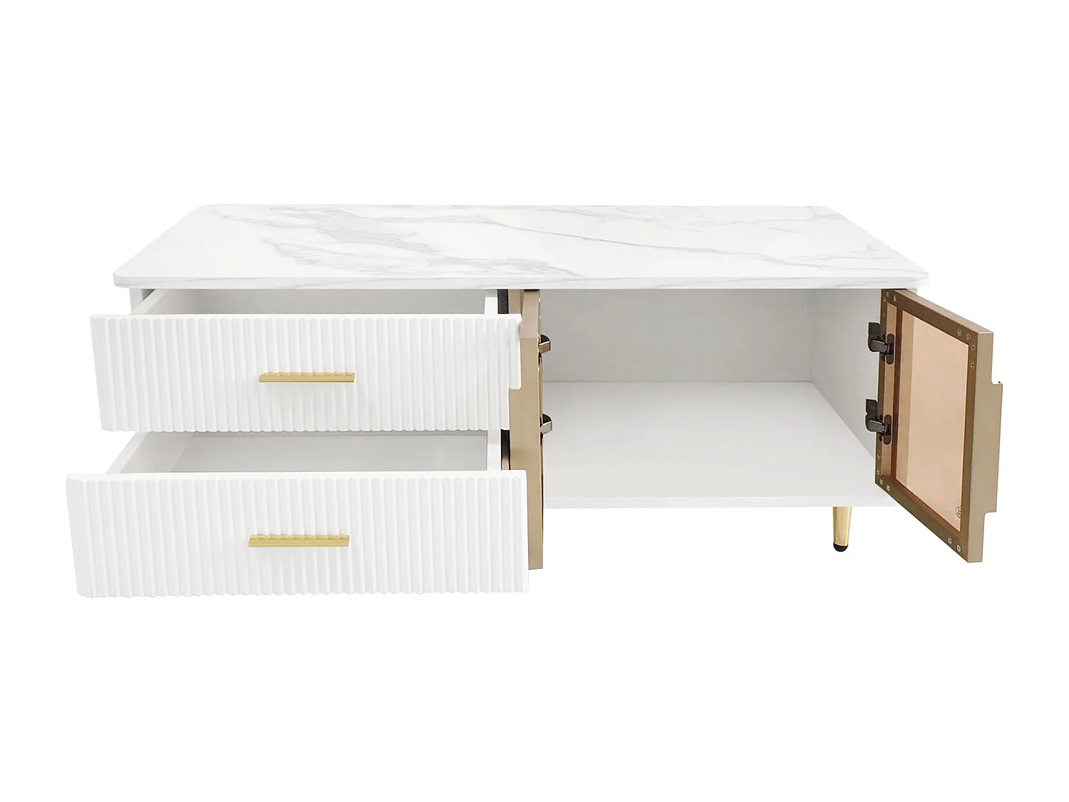 Table Basse LED Moderne, avec 2 Portes et 2 tiroirs, Dessus marbré et Accents dorés, Blanc