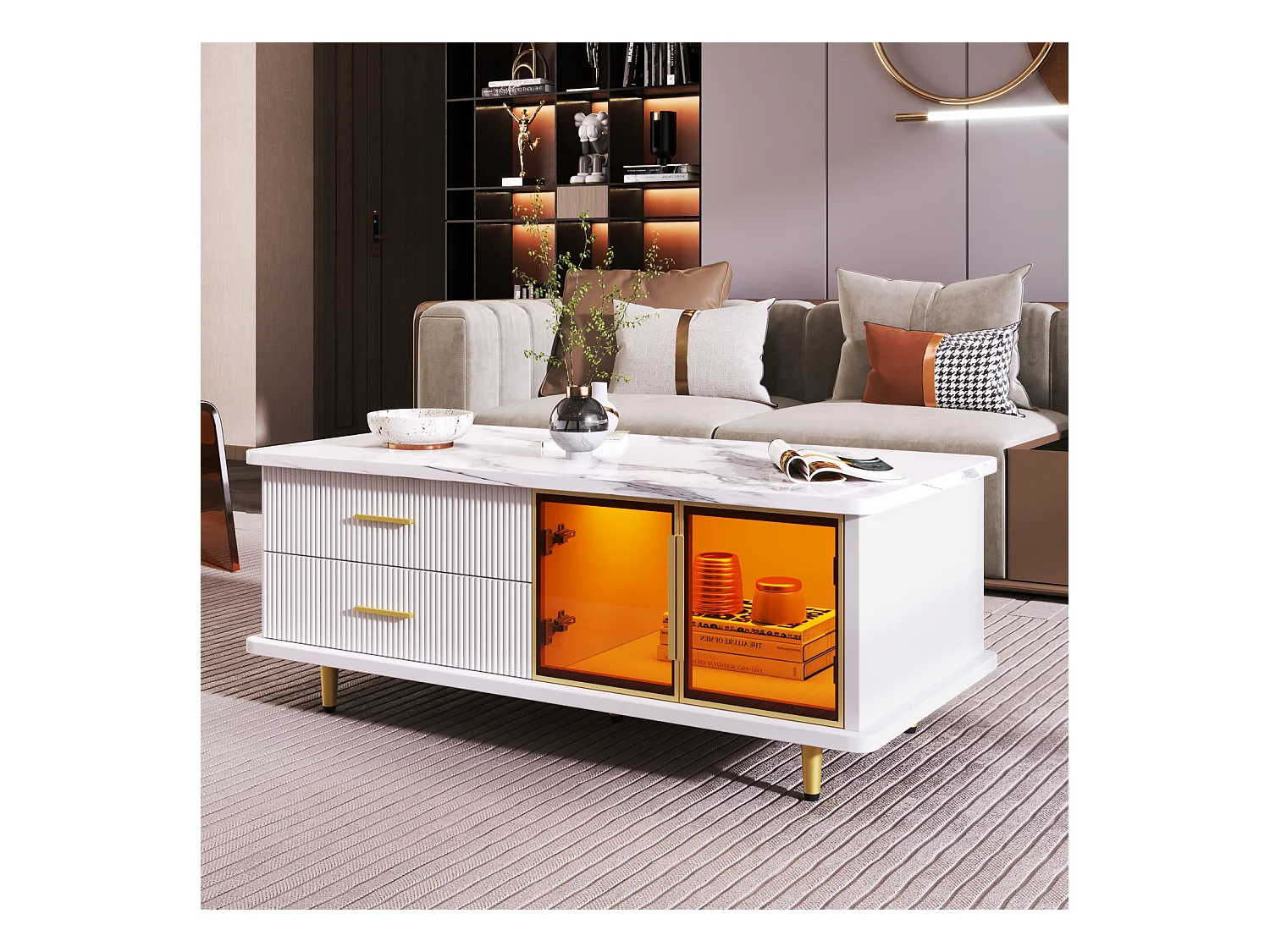 Mesa de centro LED moderna con 2 puertas y 2 cajones, cubierta de mármol y detalles dorados, color blanco