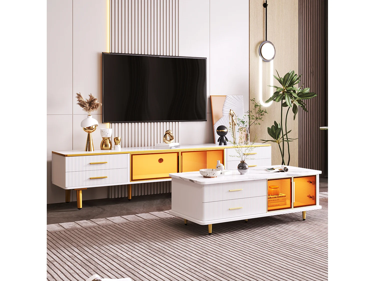 Table Basse LED Moderne, avec 2 Portes et 2 tiroirs, Dessus marbré et Accents dorés, Blanc