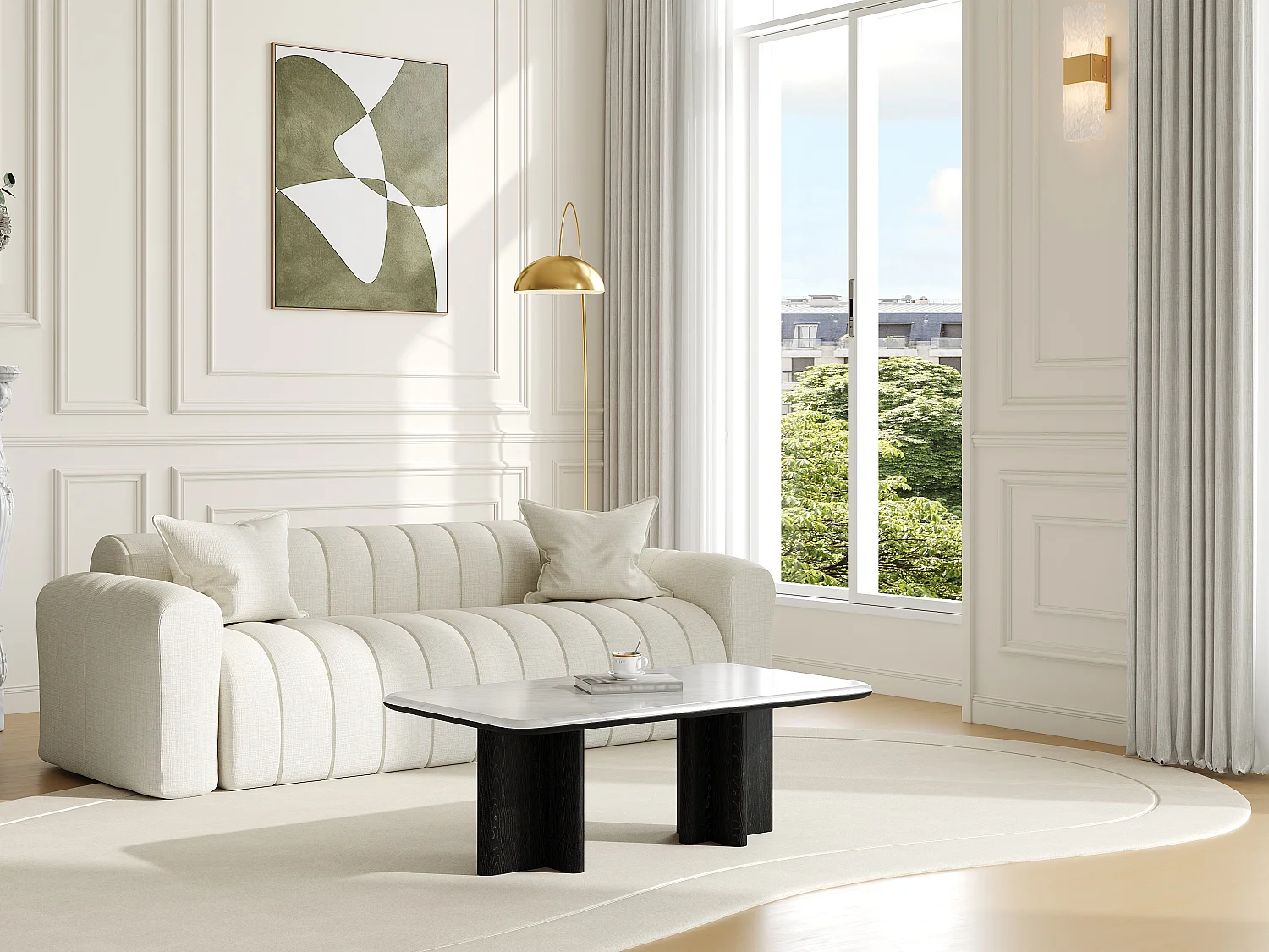 Table basse en marbre et placage frêne - Blanc et noir - ZANESKA