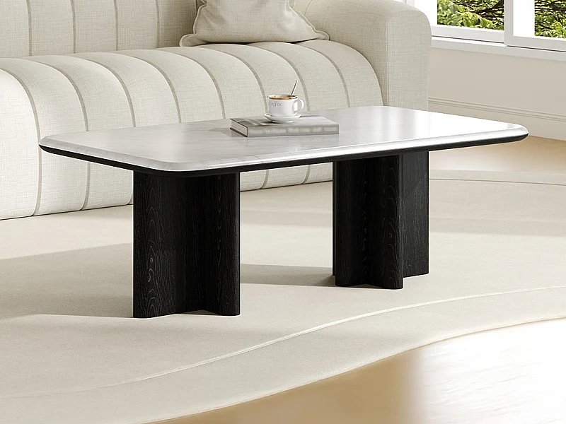 Table basse en marbre et placage frêne - Blanc et noir - ZANESKA