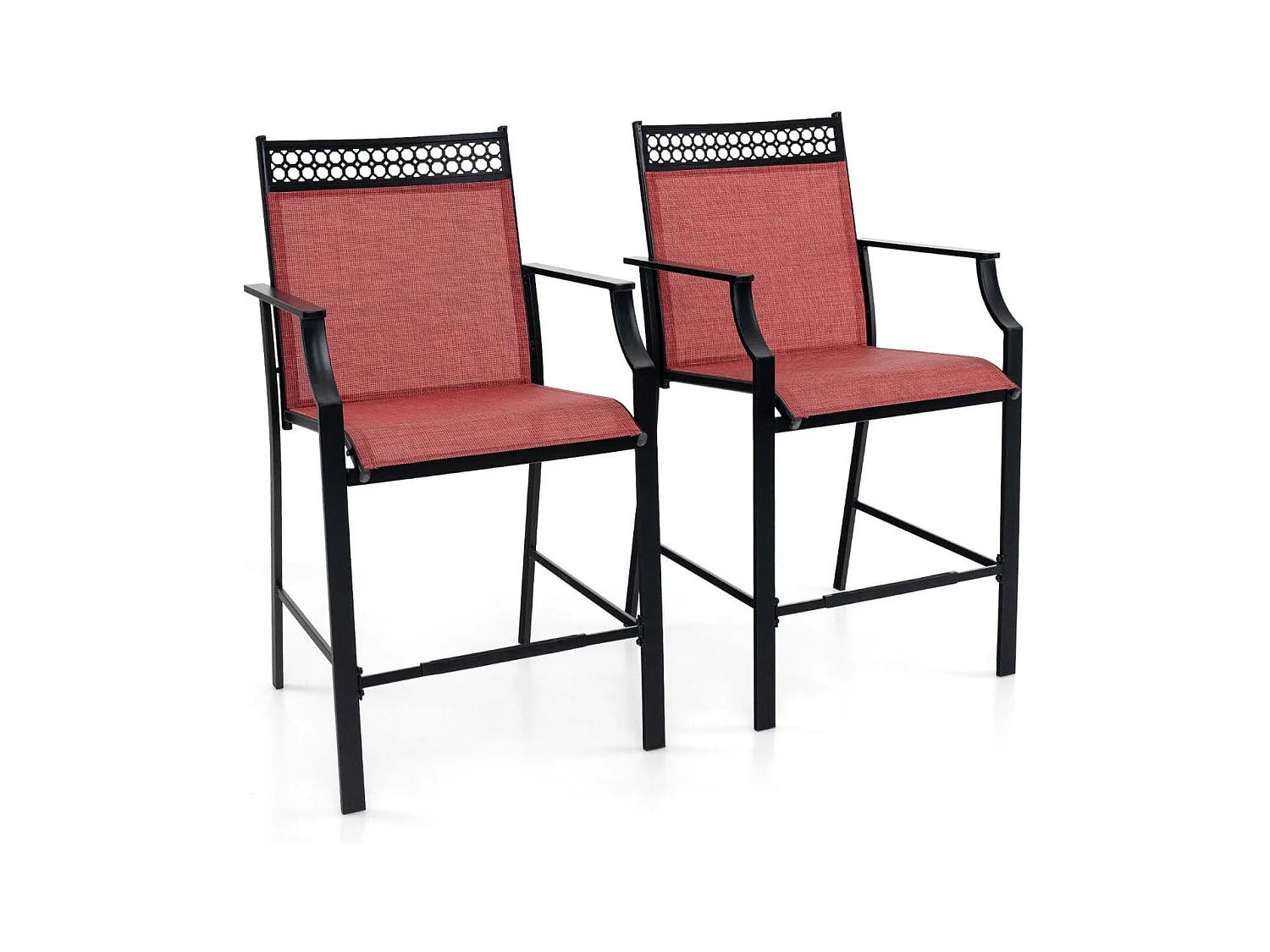 Lot de 2 Tabourets de Bar de Patio Robustes avec Repose-pieds et Accoudoirs Chaises de Salle à Manger avec Cadre Métallique Rouge