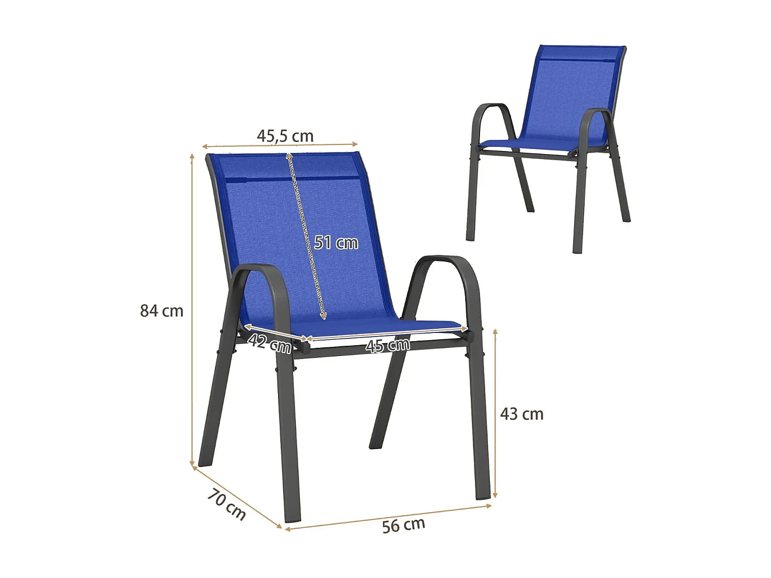 Lot de 2 Chaises Empliables Tissu Respirant et Structure Antirouille Charge Max 120kg pour Jardin Terrasse Bleu
