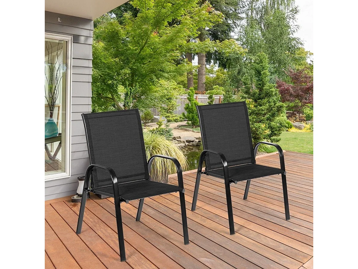 Chaises de Salle à Manger d'Extérieur Accoudoirs Incurvés Tissu Facile à Sécher Cadre en Métal Renforcé Siège Large Noir