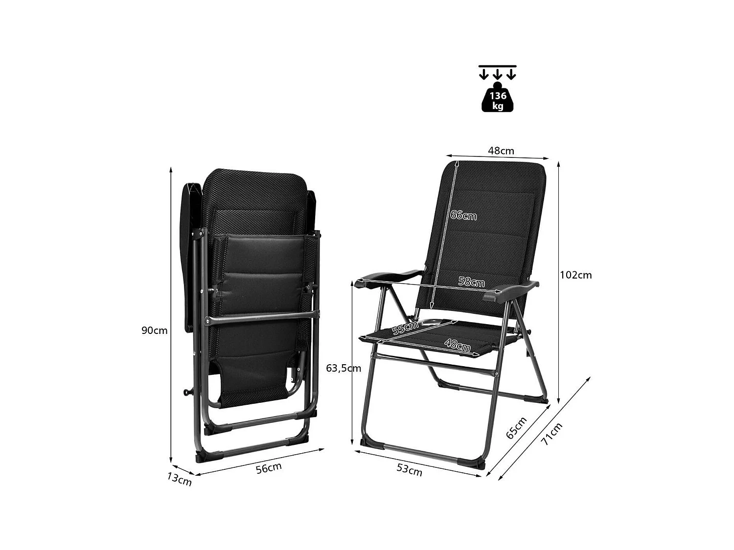 Set di 2 sedie a sdraio con schienale regolabile a 7 posizioni, Poltrone reclinabili da giardino con portata 136kg Nero