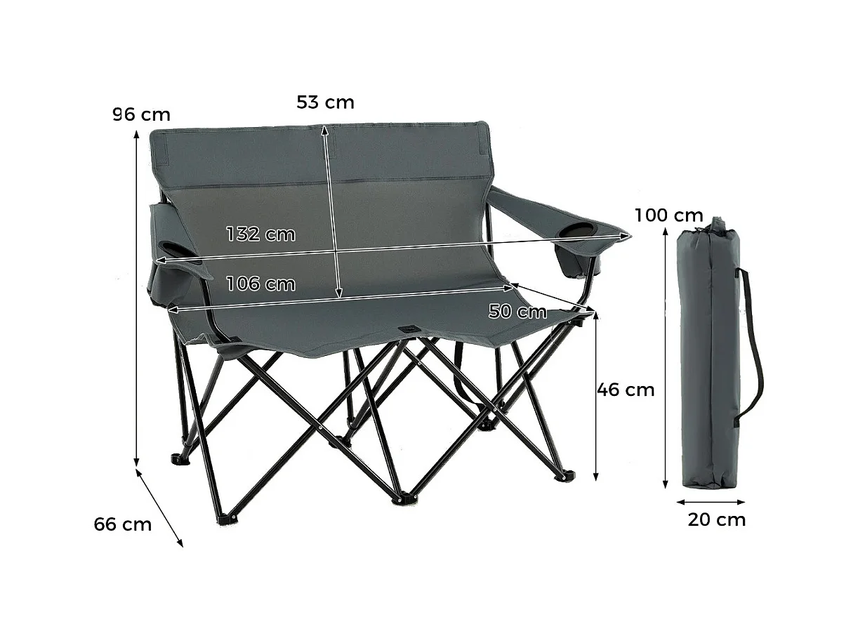 Chaise de Camping Double Fauteuil Pliant pour 2 Personnes avec Porte-Gobelets Accoudoirs Sac de Transport Charge 300 kg Gris