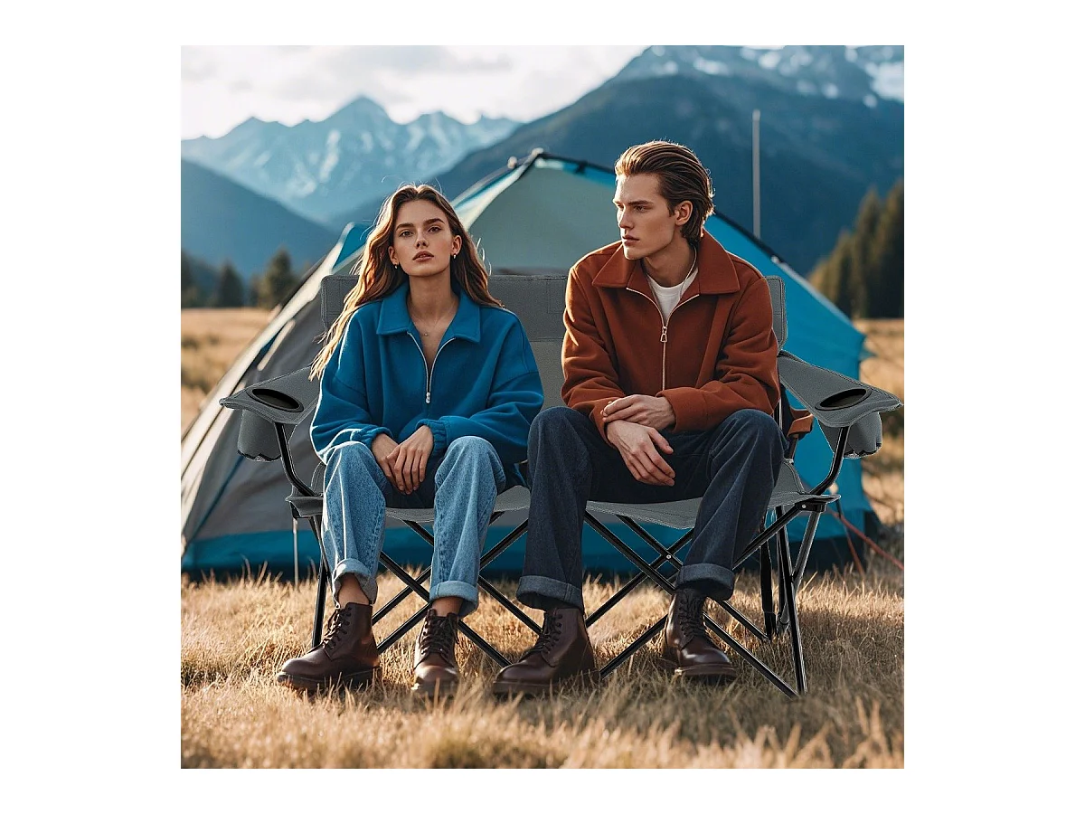 Chaise de Camping Double Fauteuil Pliant pour 2 Personnes avec Porte-Gobelets Accoudoirs Sac de Transport Charge 300 kg Gris