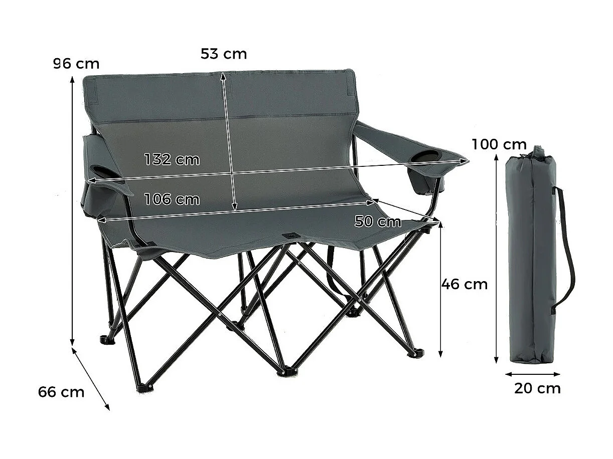 Chaise de Camping Double Fauteuil Pliant pour 2 Personnes avec Porte-Gobelets Accoudoirs Sac de Transport Charge 300 kg Gris