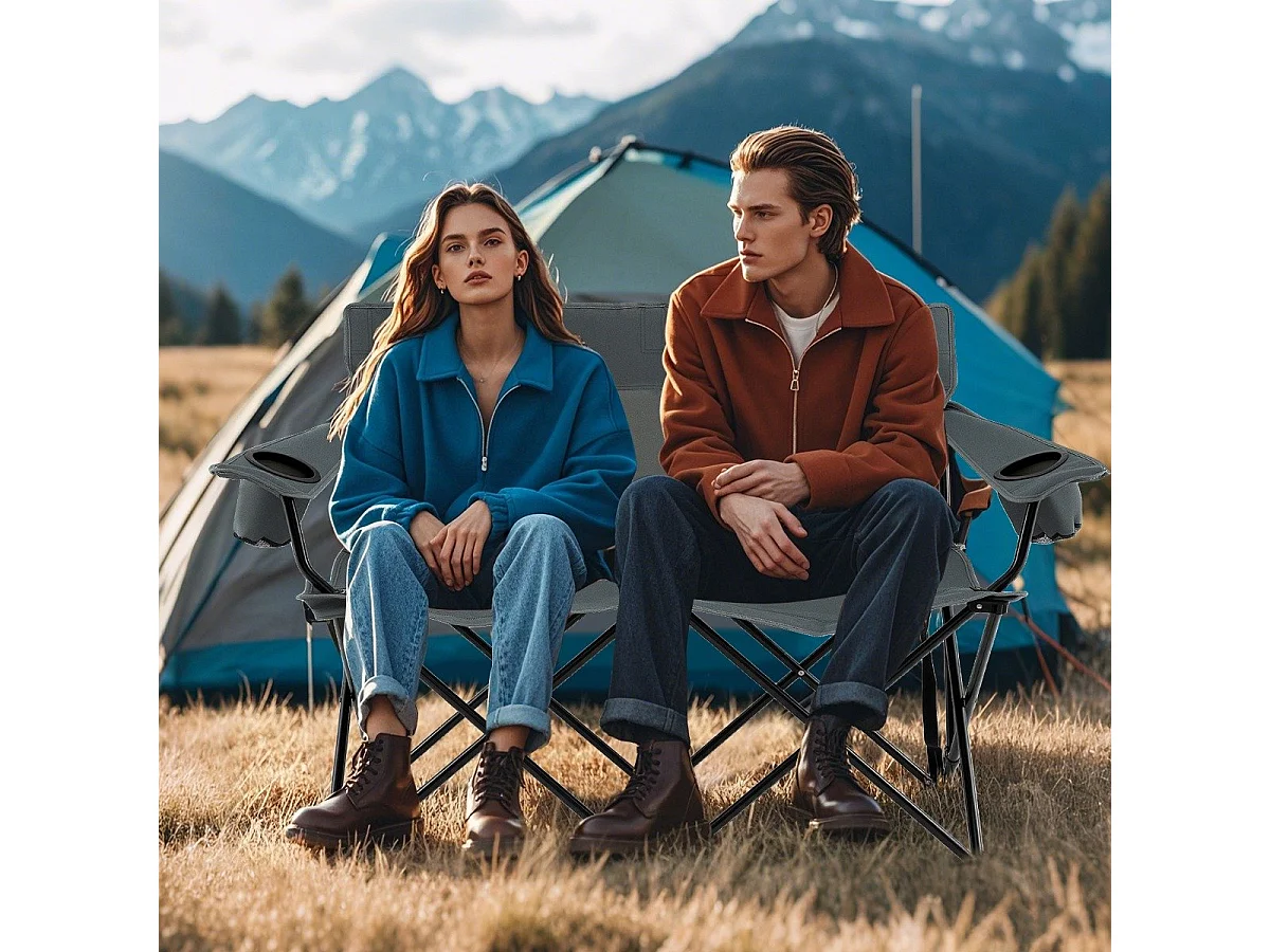 Chaise de Camping Double Fauteuil Pliant pour 2 Personnes avec Porte-Gobelets Accoudoirs Sac de Transport Charge 300 kg Gris