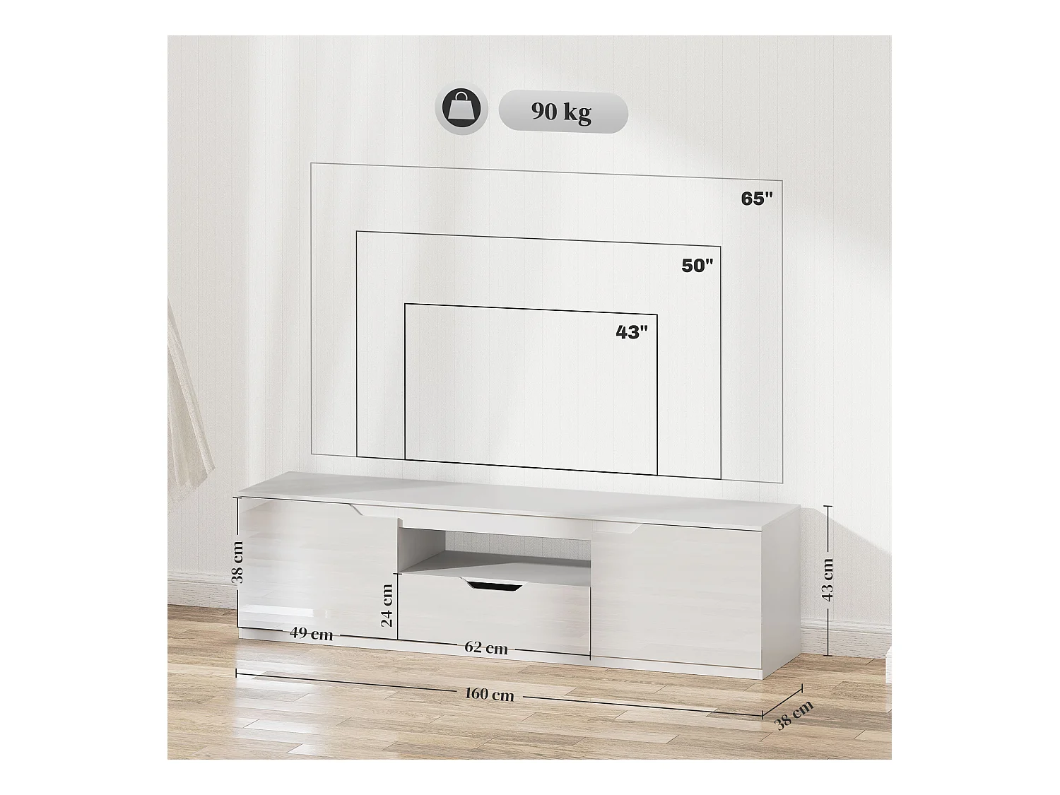 Armoire TV Lowboard avec 2 Portes, tiroir, 160 cm de Long Table TV ,  Blanc