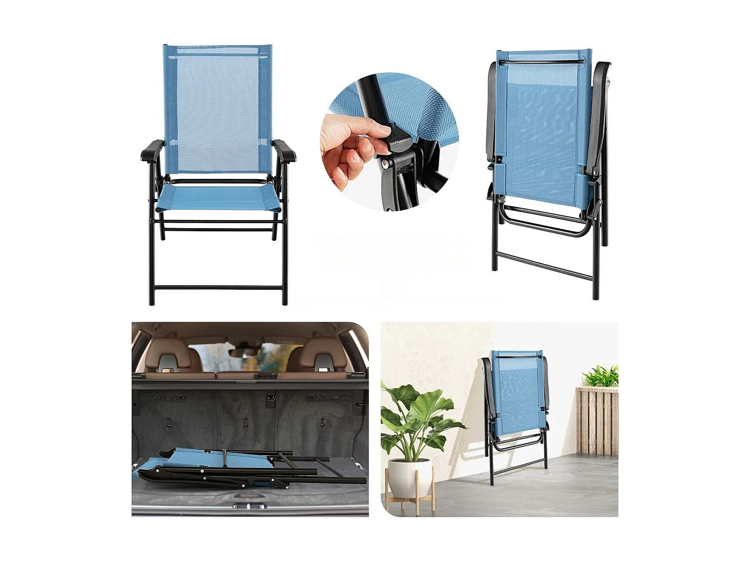 Set di 4 sedie pieghevoli da giardino con braccioli e struttura in metallo, Sedie portatili da esterno Blu