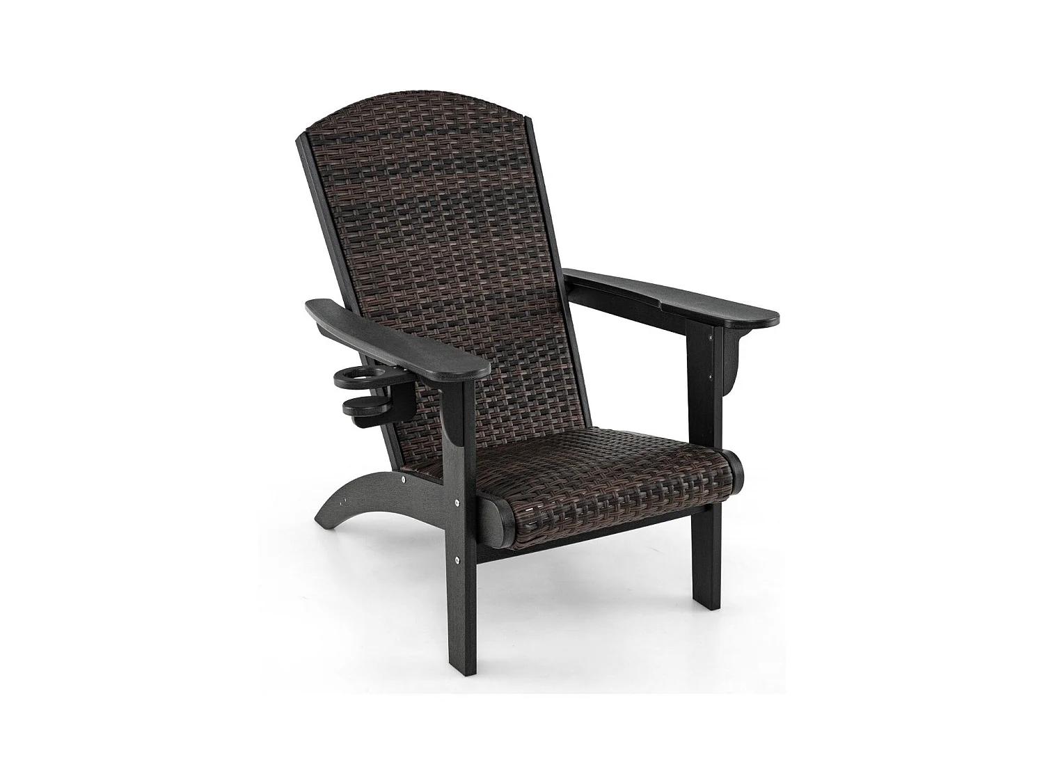 Sedia adirondack da patio con sedile e schienale imbottiti in rattan, Sedia da lounge e porta tazza nascosto Nero