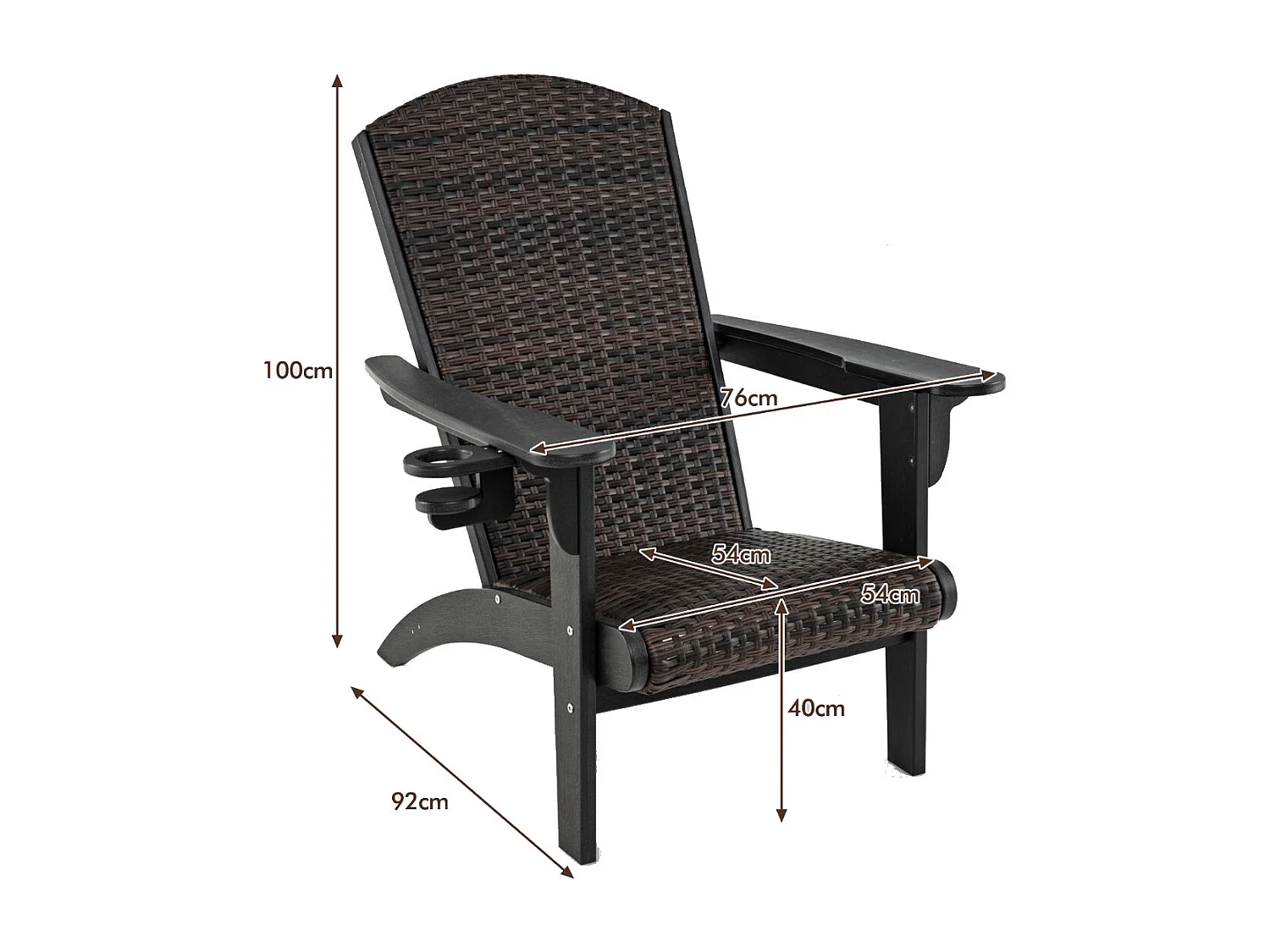 Sedia adirondack da patio con sedile e schienale imbottiti in rattan, Sedia da lounge e porta tazza nascosto Nero