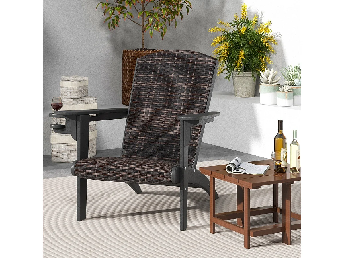 Sedia adirondack da patio con sedile e schienale imbottiti in rattan, Sedia da lounge e porta tazza nascosto Nero
