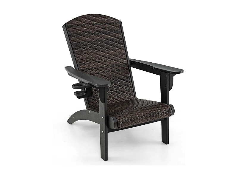 Adirondack Stuhl mit Getränkehalter Adirondack Chair aus HDPE & Rattan Gartensessel Schwarz