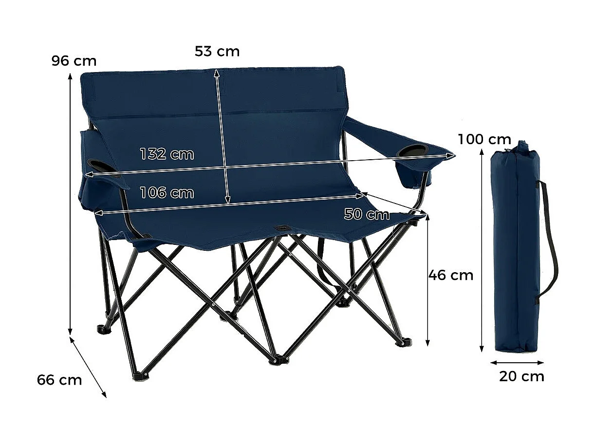 Sedia da campeggio doppia, Poltrona pieghevole per 2 persone con portabicchieri e braccioli e borsa per il trasporto Blu