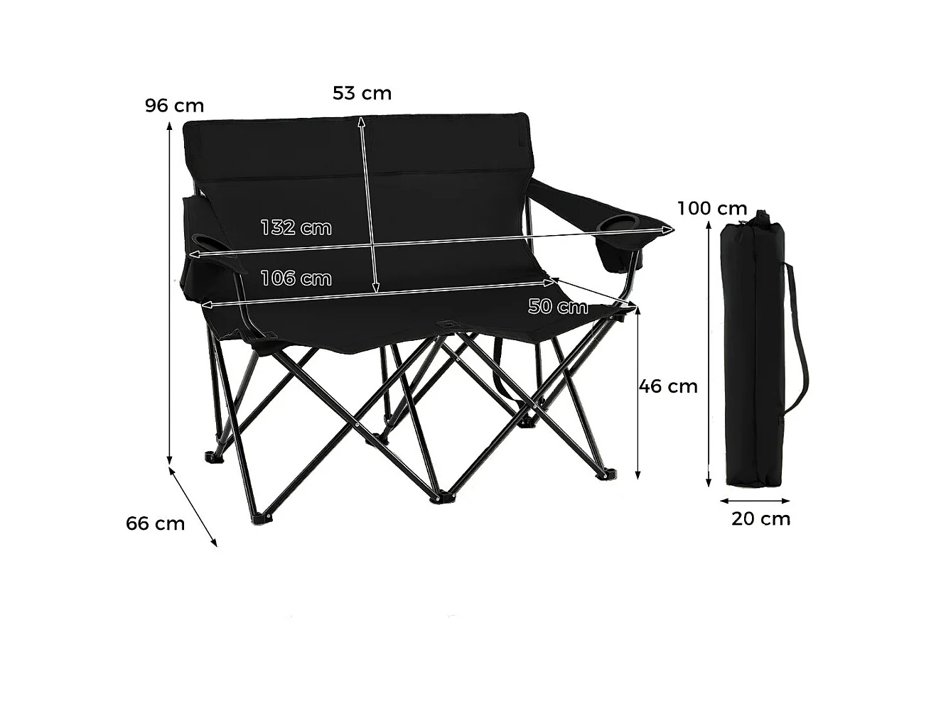 Sedia da campeggio doppia, Poltrona pieghevole per 2 persone con portabicchieri e braccioli e borsa per il trasporto Nero