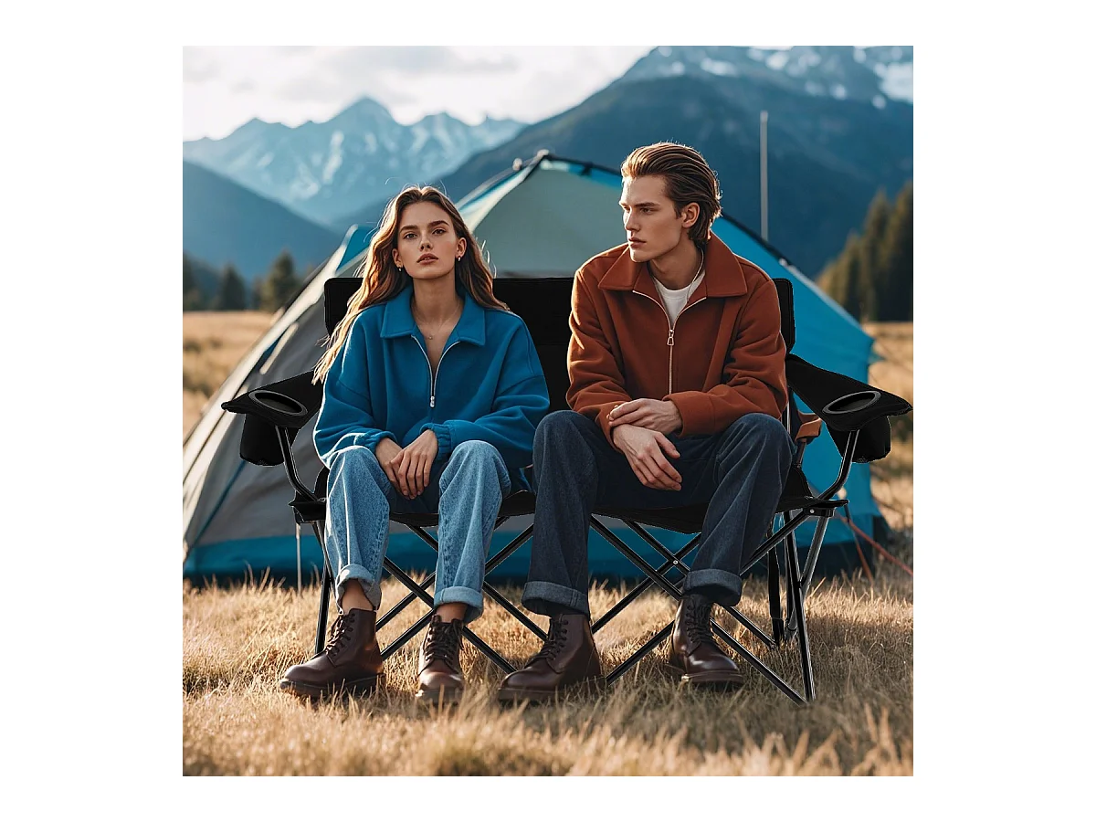 Sedia da campeggio doppia, Poltrona pieghevole per 2 persone con portabicchieri e braccioli e borsa per il trasporto Nero