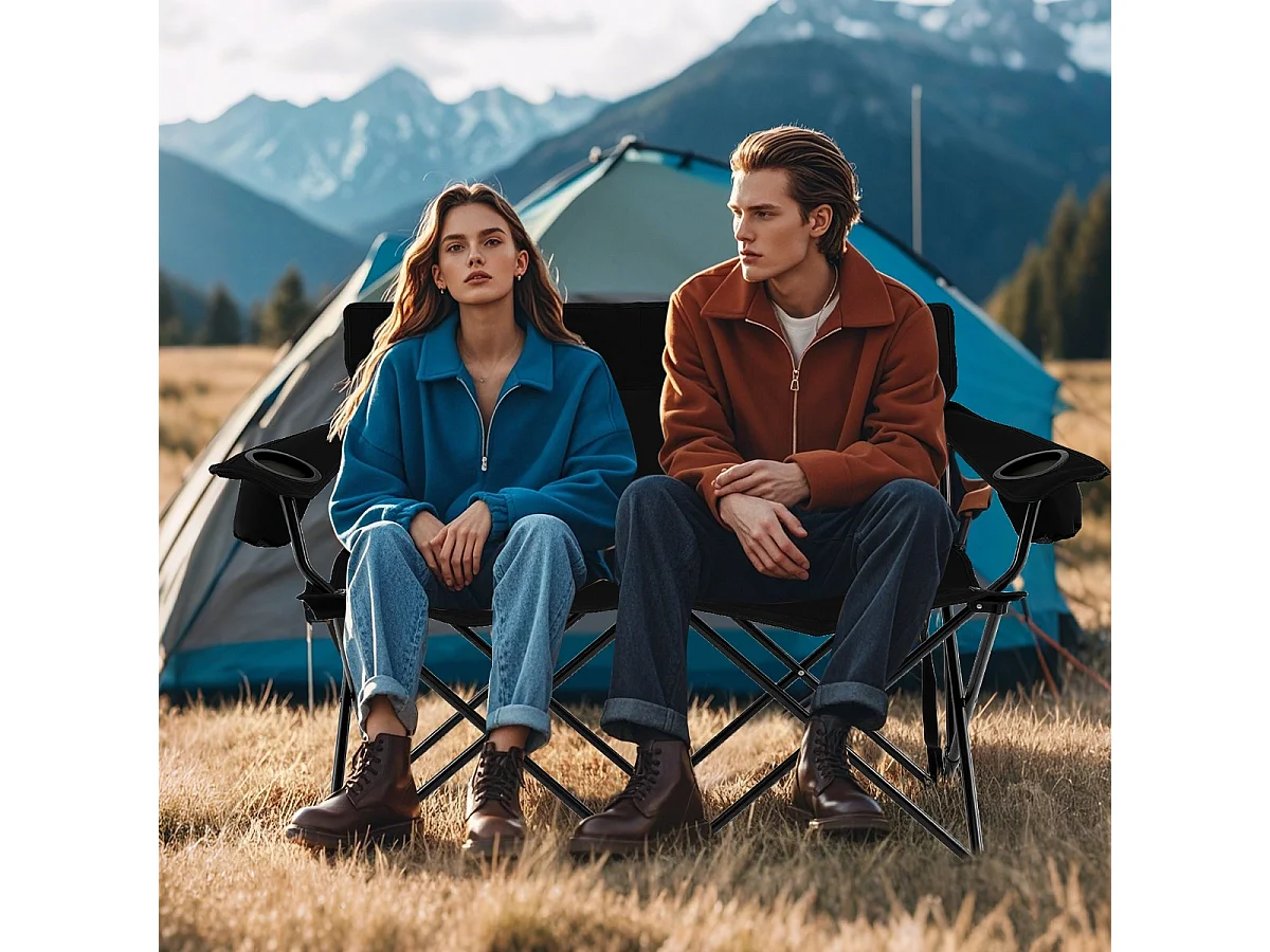 Sedia da campeggio doppia, Poltrona pieghevole per 2 persone con portabicchieri e braccioli e borsa per il trasporto Nero