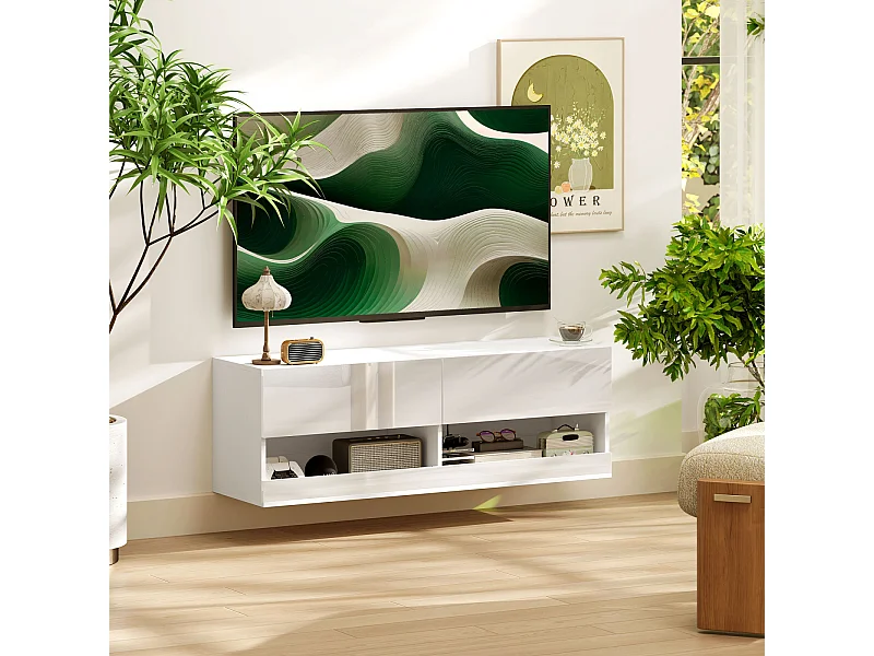 Mueble de TV 100 x 30 x 33 cm - con puertas y nichos abiertos - Blanco brillo - Iluminación LED