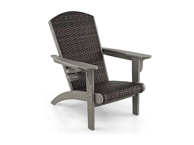 Sedia adirondack da patio con sedile e schienale imbottiti in rattan, Sedia da lounge e porta tazza nascosto Grigio