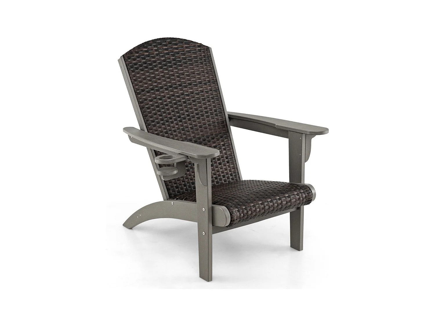 Sedia adirondack da patio con sedile e schienale imbottiti in rattan, Sedia da lounge e porta tazza nascosto Grigio
