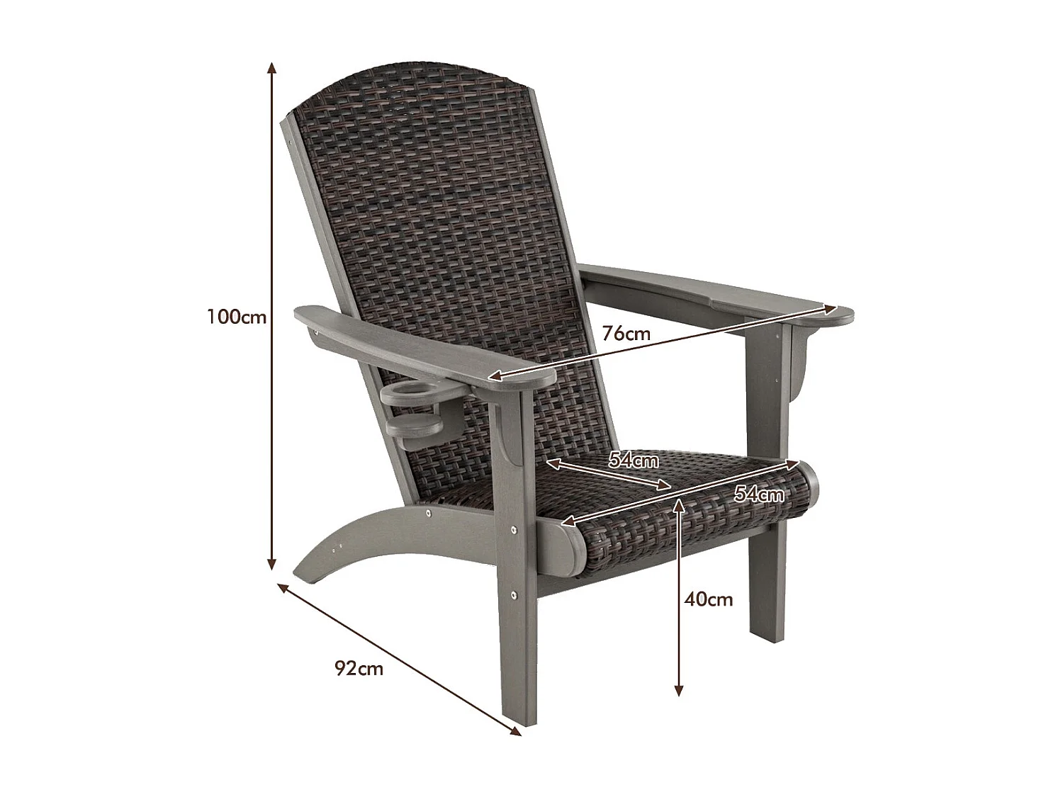 Adirondack Stuhl mit Getränkehalter Adirondack Chair aus HDPE & Rattan Gartensessel Grau