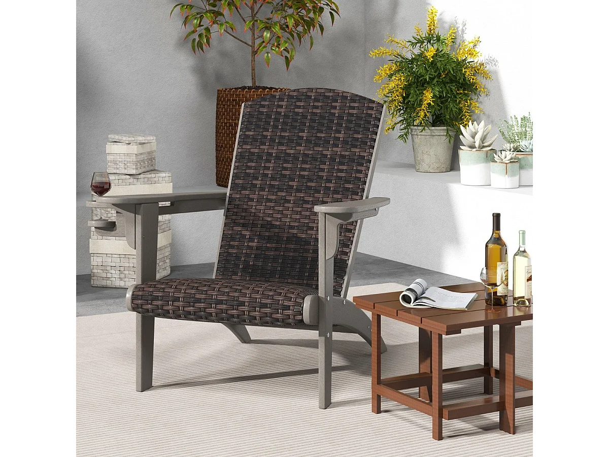 Adirondack Stuhl mit Getränkehalter Adirondack Chair aus HDPE & Rattan Gartensessel Grau