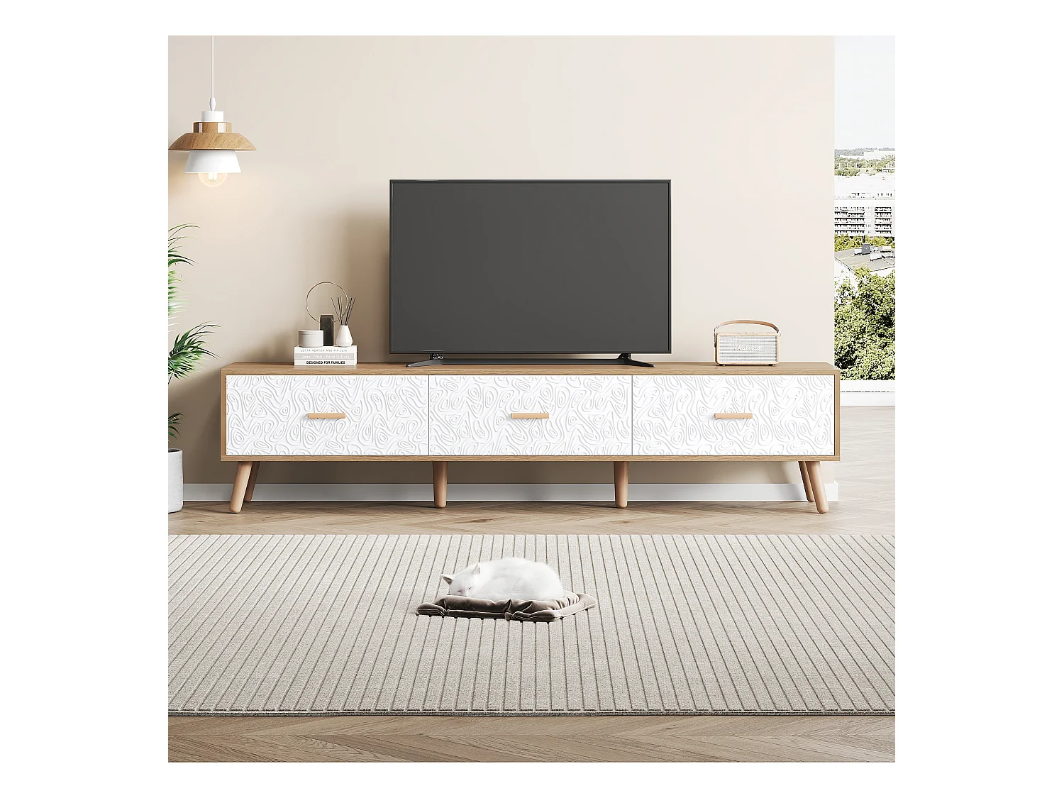 Meuble TV bas vintage en bois - Pour salon, bois clair, revêtement de porte blanc, grain vintage