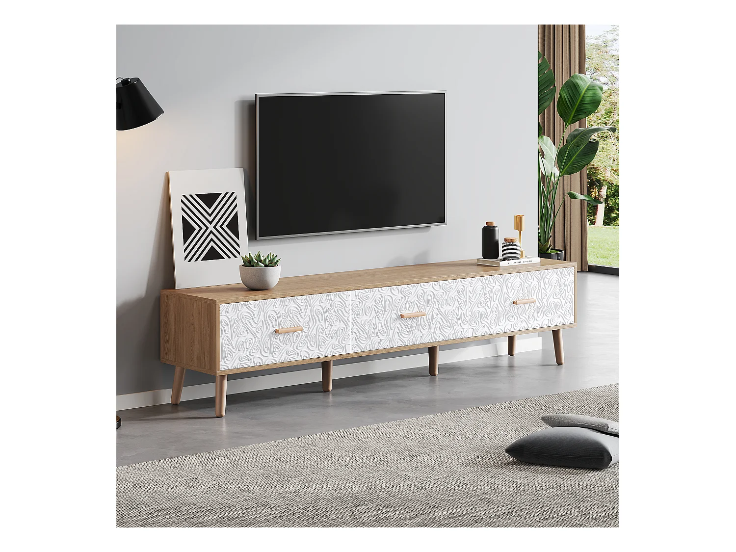 Meuble TV bas vintage en bois - Pour salon, bois clair, revêtement de porte blanc, grain vintage