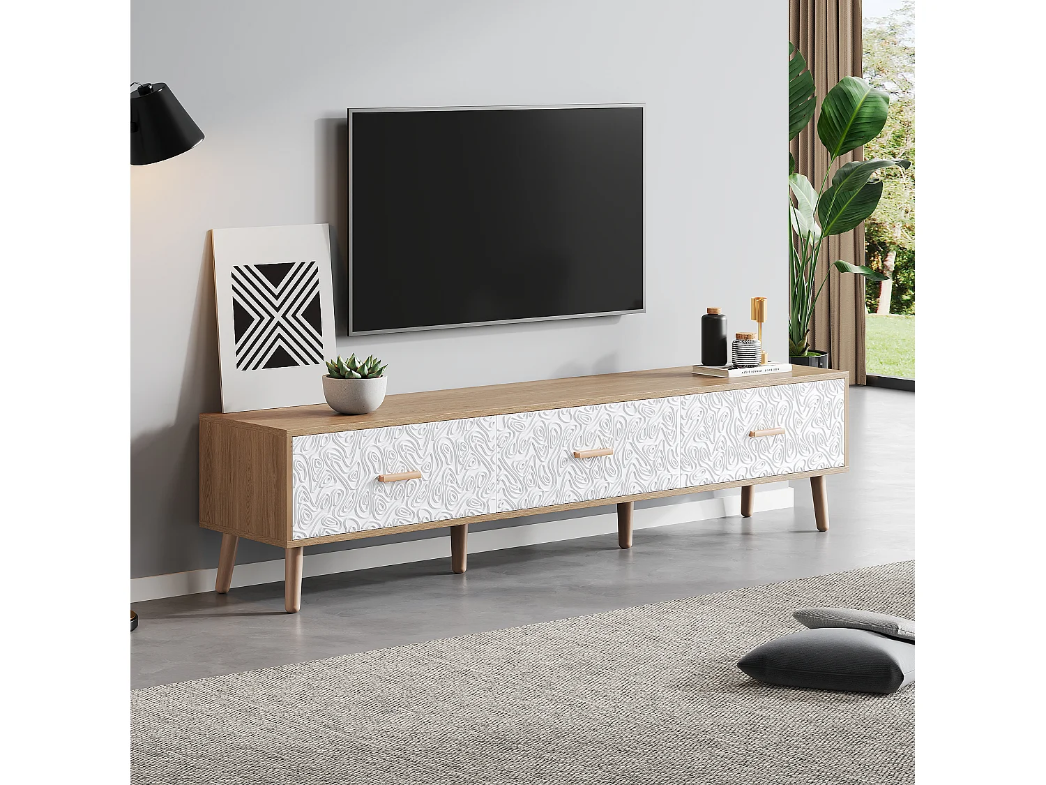 Móvel de TV baixo de madeira vintage - Para sala de estar, madeira clara, revestimento de porta branco, grão vintage