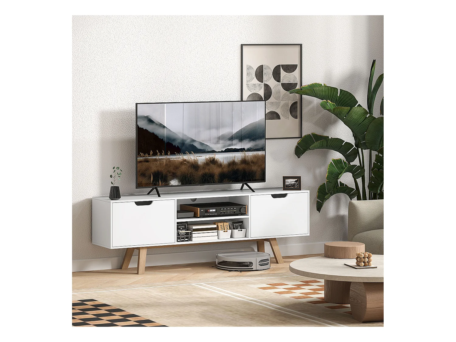 Mueble de TV con base de madera, moderno, escandinavo, 2 puertas, 2 nichos, color blanco, 150 x 39 x 50 cm