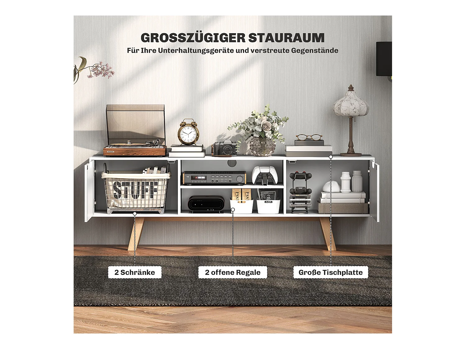 Mueble de TV con base de madera, moderno, escandinavo, 2 puertas, 2 nichos, color blanco, 150 x 39 x 50 cm