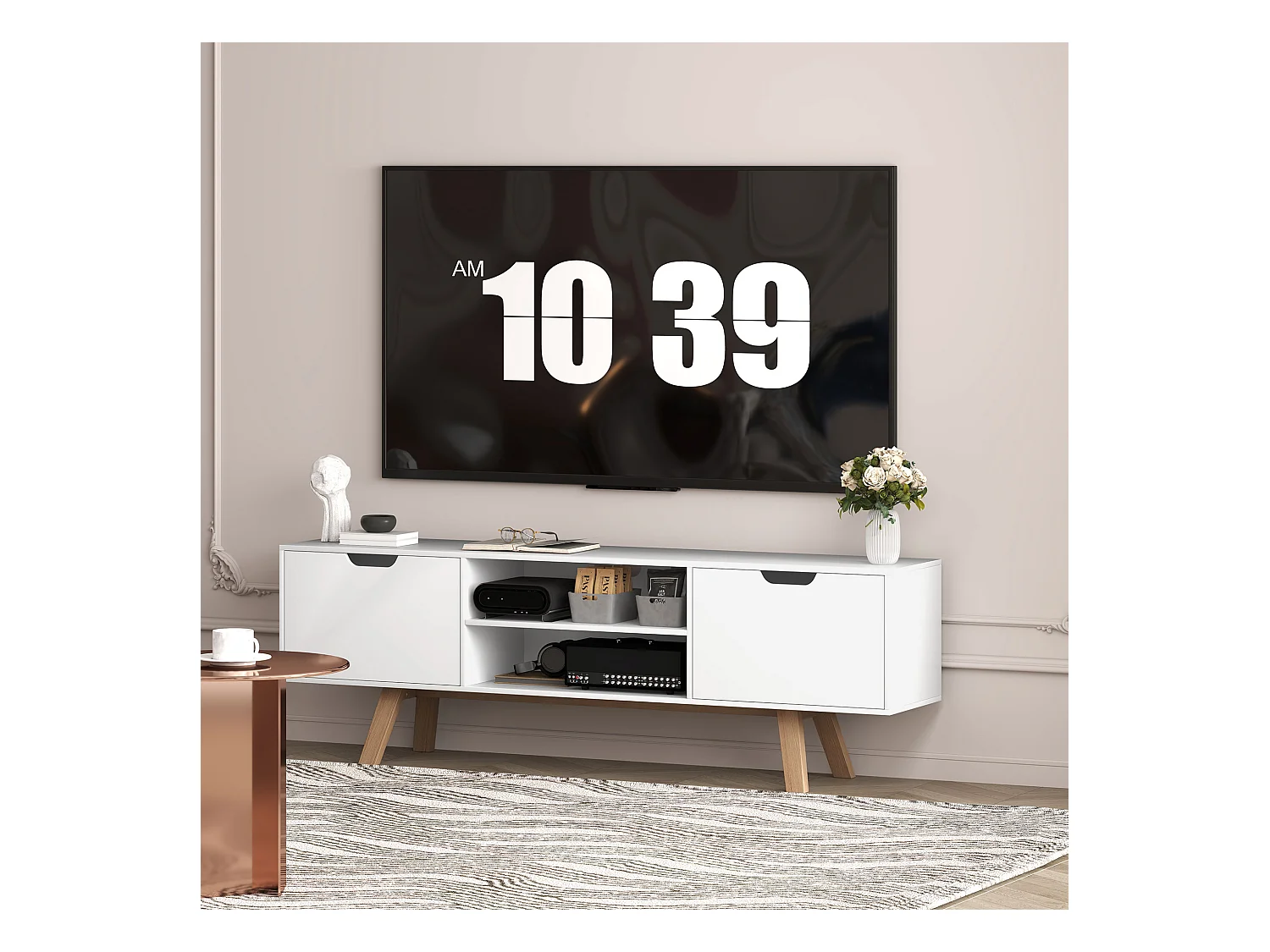 Mueble de TV con base de madera, moderno, escandinavo, 2 puertas, 2 nichos, color blanco, 150 x 39 x 50 cm