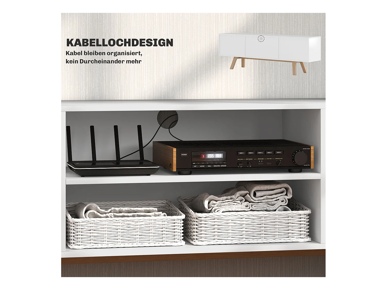 Mueble de TV con base de madera, moderno, escandinavo, 2 puertas, 2 nichos, color blanco, 150 x 39 x 50 cm