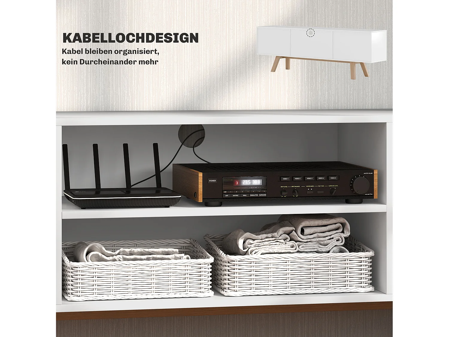 Meuble TV Banc TV sur Pied Moderne Scandinave 2 Portes 2 niches en Bois Blanc 150L x 39l x 50H cm