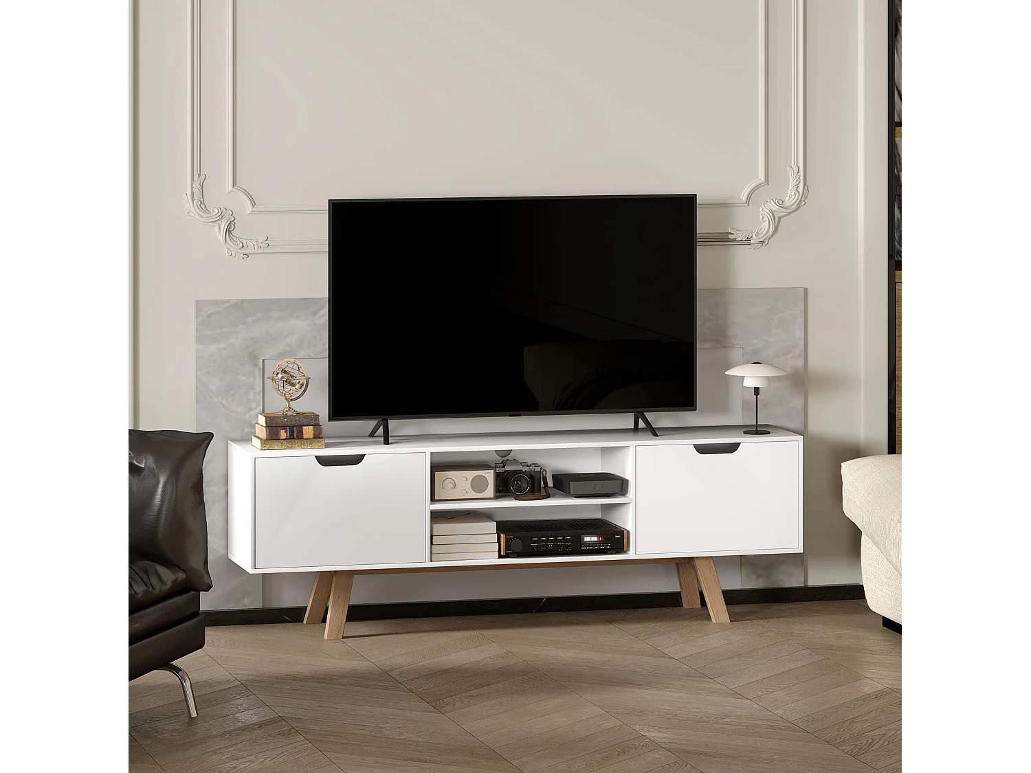 Meuble TV Banc TV sur Pied Moderne Scandinave 2 Portes 2 niches en Bois Blanc 150L x 39l x 50H cm