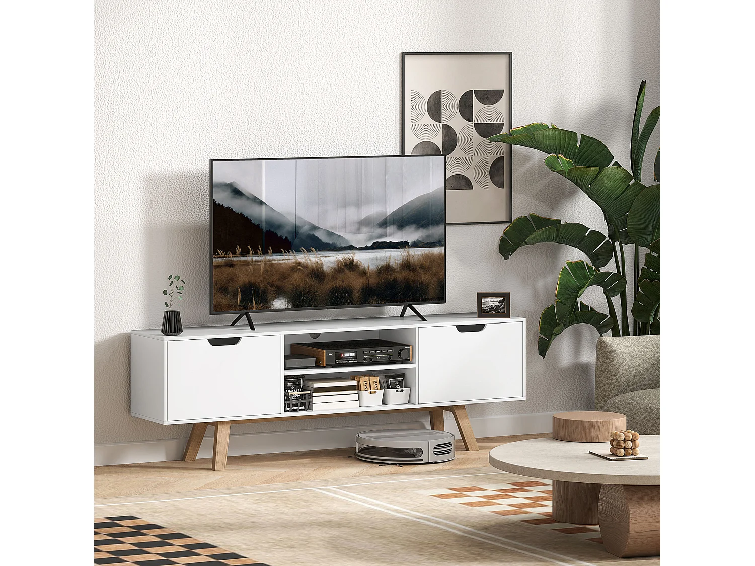 Meuble TV Banc TV sur Pied Moderne Scandinave 2 Portes 2 niches en Bois Blanc 150L x 39l x 50H cm