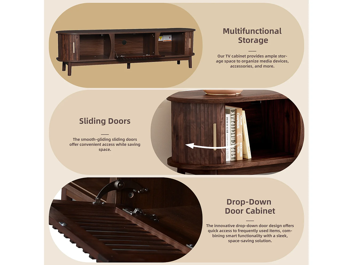 Meuble TV rétro - Meuble bas avec porte coulissante et porte battante - 3 compartiments - Marron