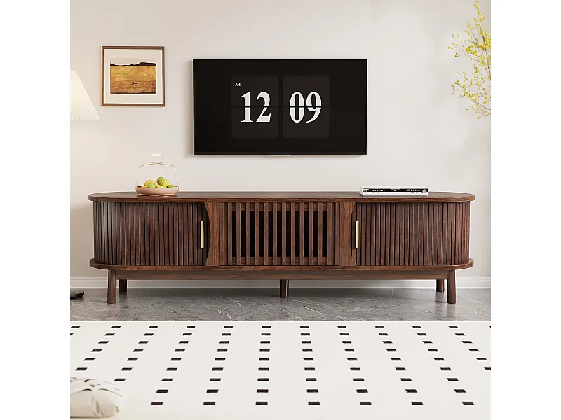 Meuble TV rétro - Meuble bas avec porte coulissante et porte battante - 3 compartiments - Marron